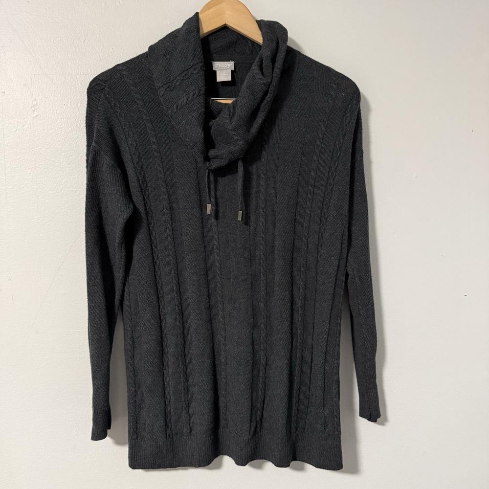 Chicos Zenergy Cowl Neck Drawstring Cable Knit Pullover Sweater Gray Women's S